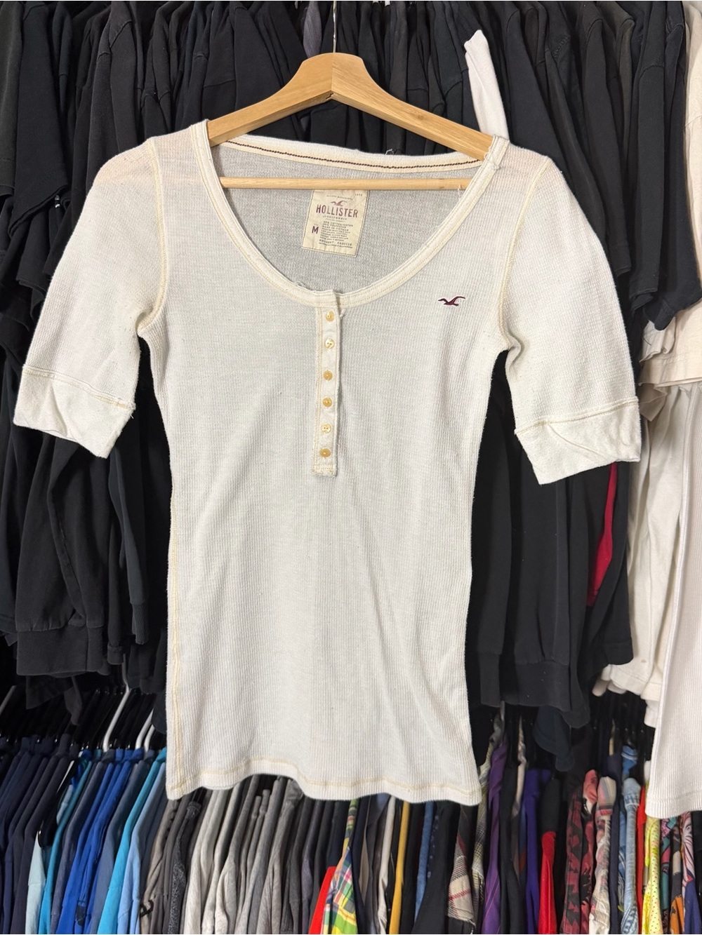 Vintage Hollister Henley Shirt Womens Medium White Ribbed Knit Y2K 00s Mallcore